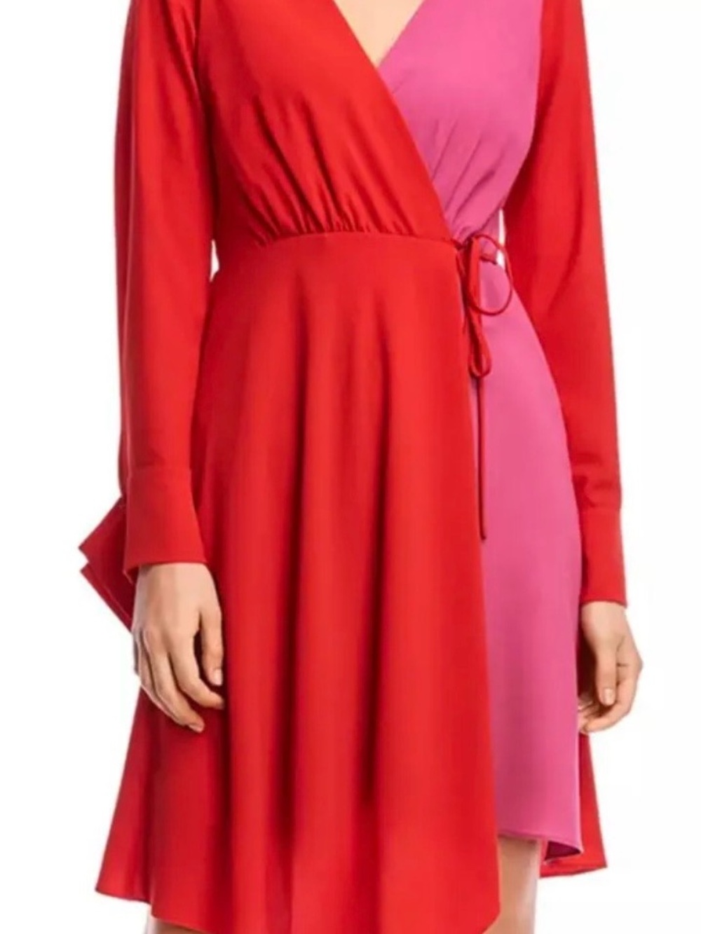 Two-Tone Red & Pink Asymmetric Wrap Dress